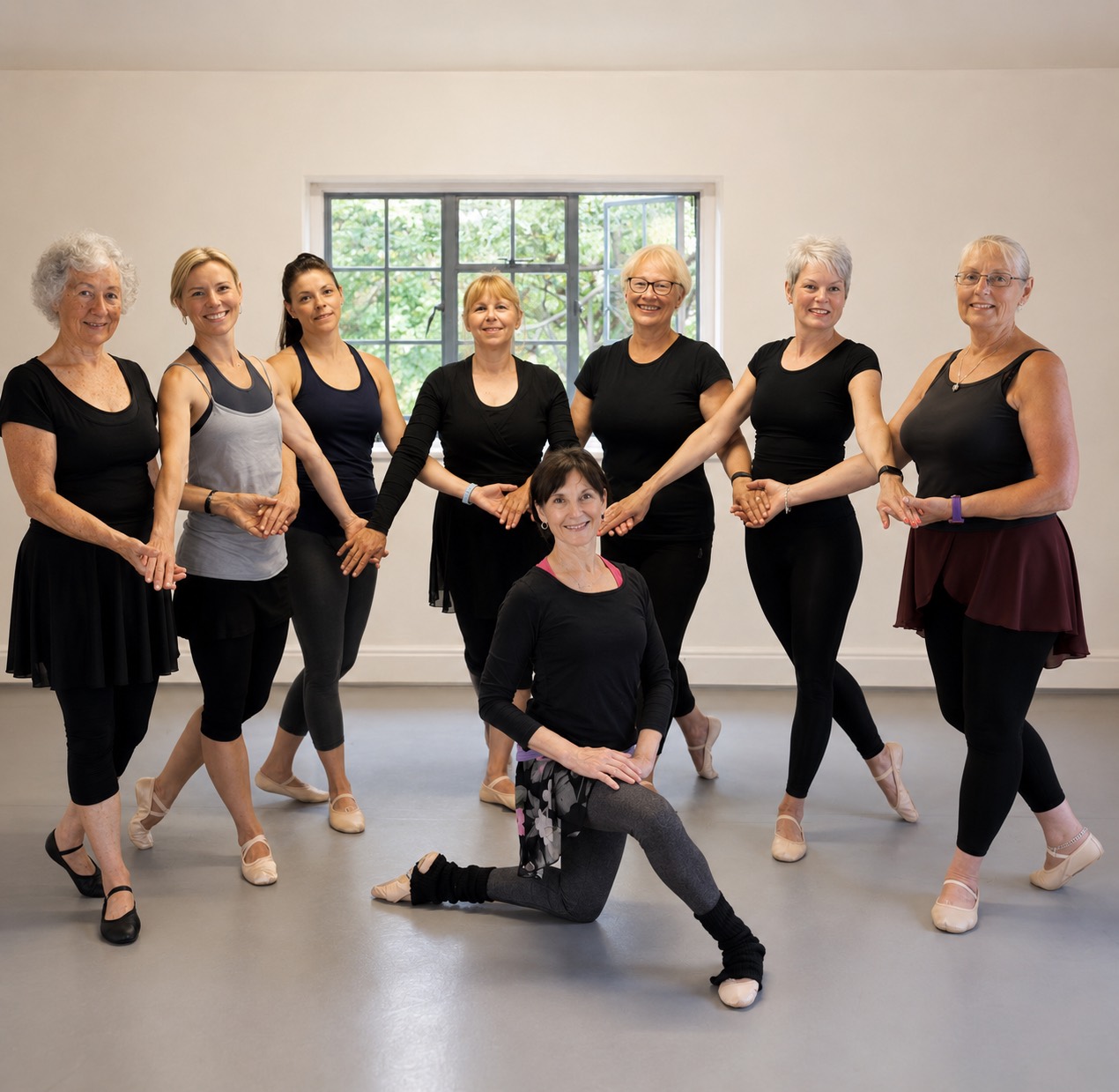 Adult ballet class group in the studio