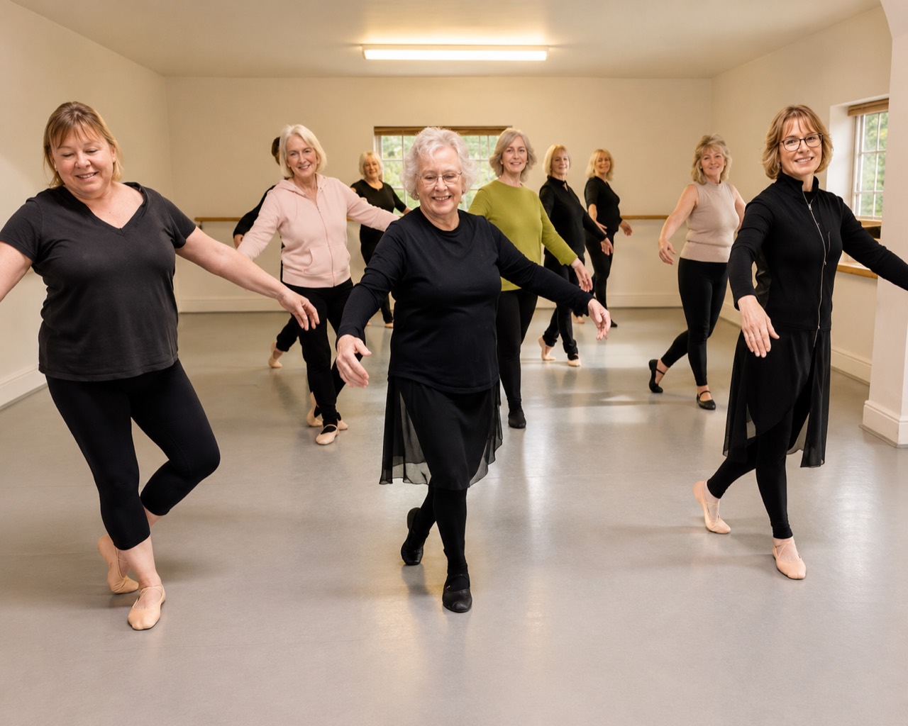 Adult ballet class practising together in the studio